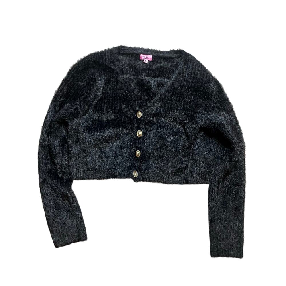 Mi Ami Fuzzy Cropped Cardigan Black Pink Y2K Soft Grunge Button Sweater M